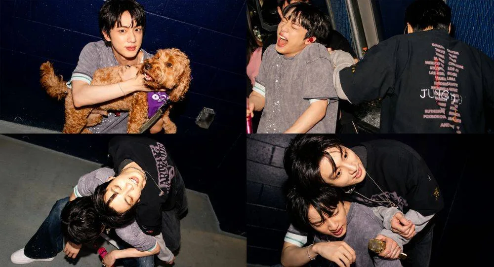 BTS’s Jin shows off his ‘Worldwide Handsome’ visuals while Jungkook turns their backstage photos into a playful brother-like moment