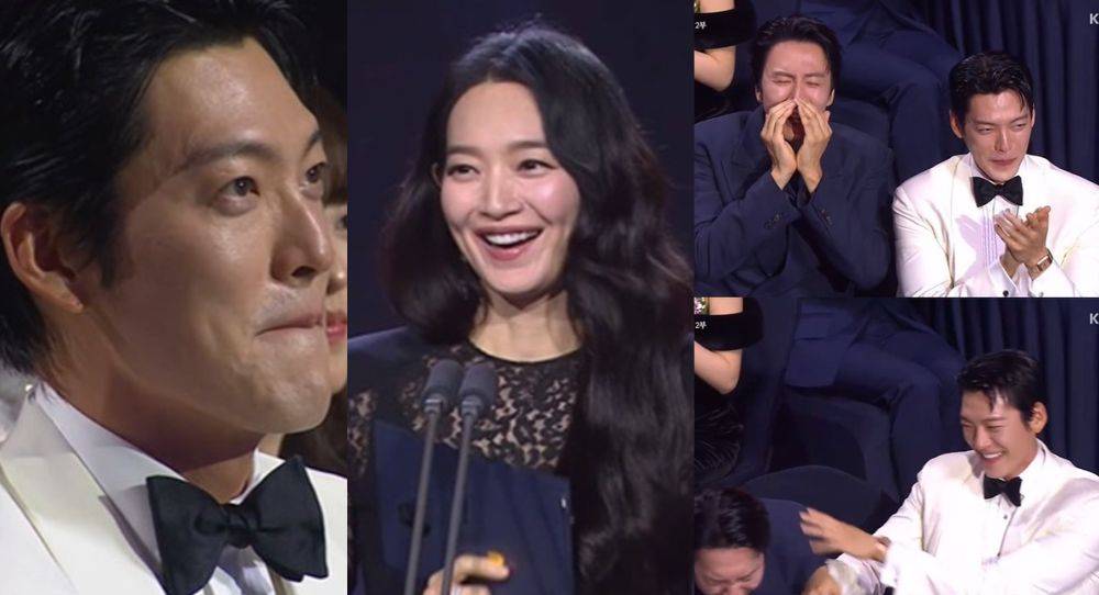Kim Woo Bin cannot hide his loving gaze when wife Shin Min Ah appears on stage as Jun Hyun Moo jokes that he is staring too closely